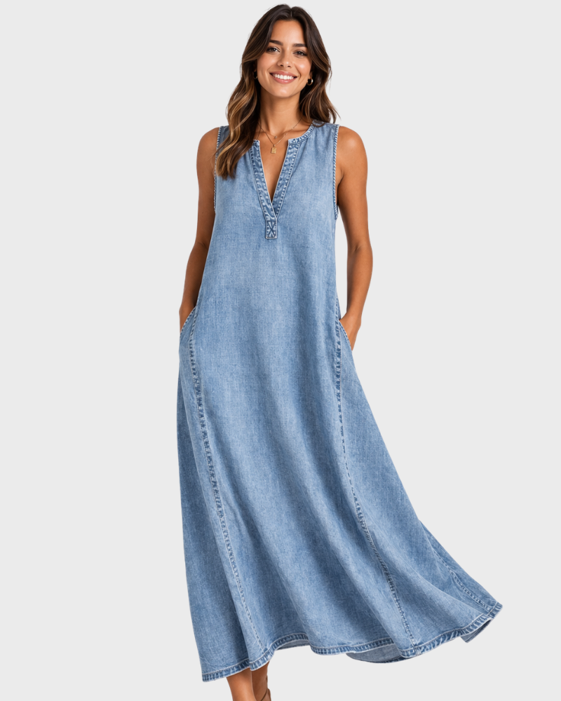 Vestito Donna Rochelle Senza Maniche – Denim Leggero, Scollo a V e Taglio Svasato Estivo