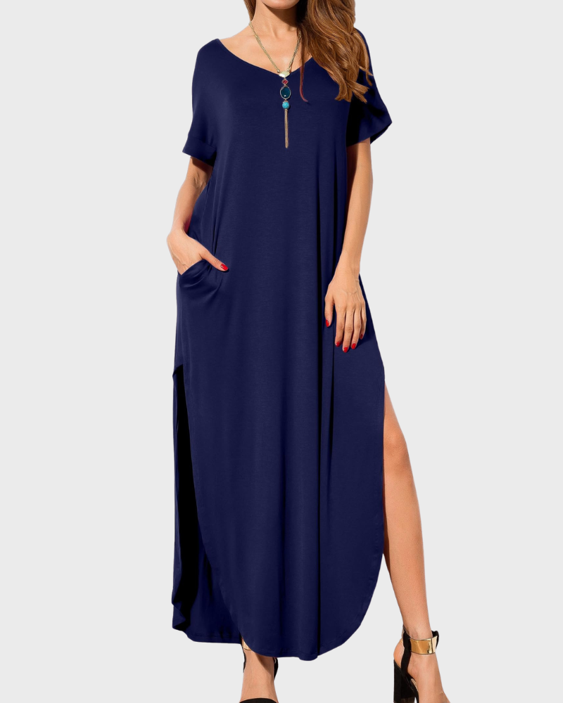 Rosenda Abito Maxi Donna – Scollo a V Maniche Corte, Taglio Fluido e Spacco con Tasche Estate