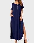 Rosenda Abito Maxi Donna – Scollo a V Maniche Corte, Taglio Fluido e Spacco con Tasche Estate