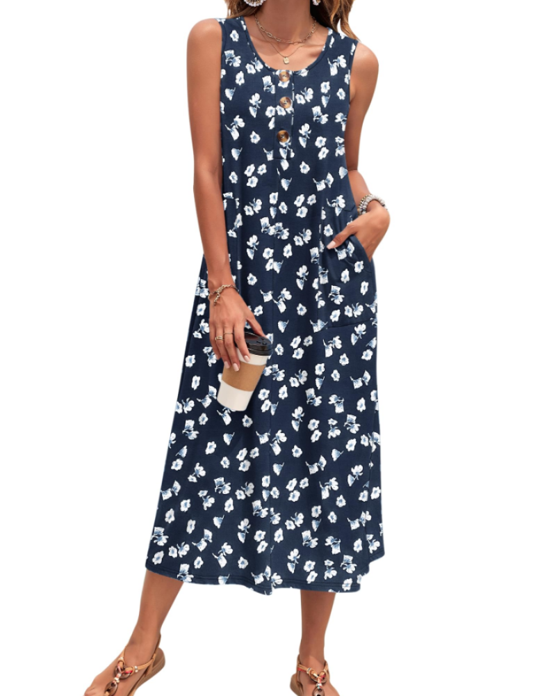 Julia Vestito Donna – Vestito Maxi A-Line Senza Maniche Con Bottoni E Tasche Estate Casual