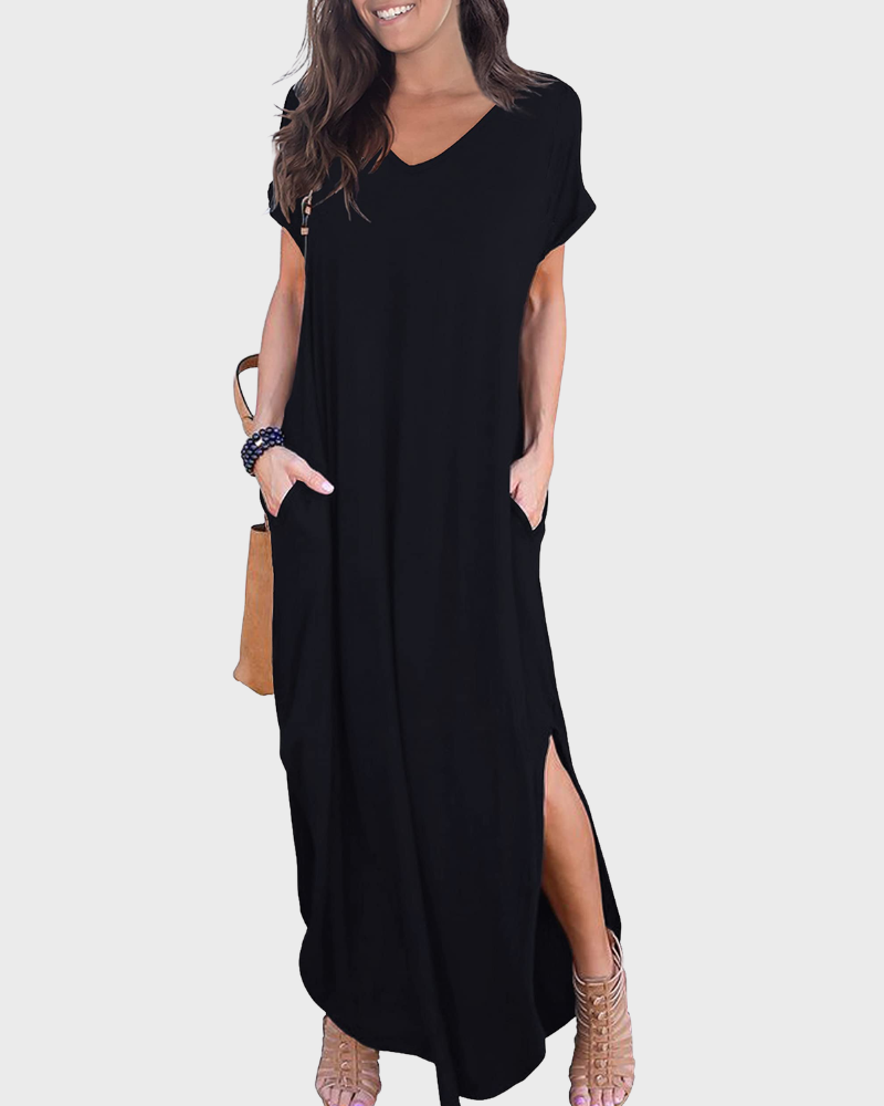 Rosenda Abito Maxi Donna – Scollo a V Maniche Corte, Taglio Fluido e Spacco con Tasche Estate