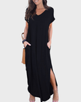 Rosenda Abito Maxi Donna – Scollo a V Maniche Corte, Taglio Fluido e Spacco con Tasche Estate