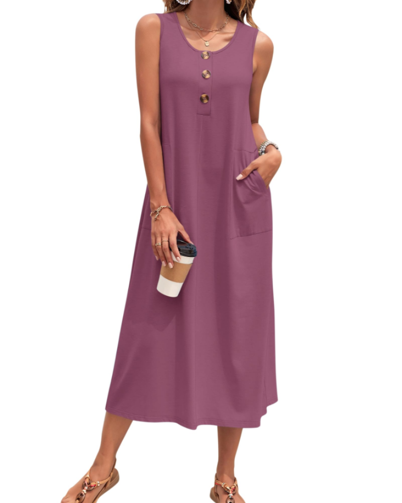 Julia Vestito Donna – Vestito Maxi A-Line Senza Maniche Con Bottoni E Tasche Estate Casual
