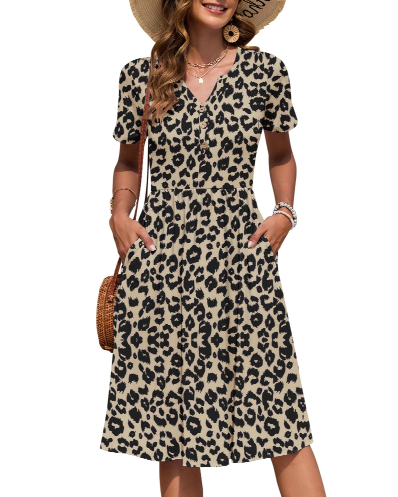 Vestito Donna Ester – Abito Estivo Midi con Scollo a V, Maniche Corte, Bottoni, Vita Impero, Tasche