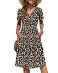 Vestito Donna Ester – Abito Estivo Midi con Scollo a V, Maniche Corte, Bottoni, Vita Impero, Tasche