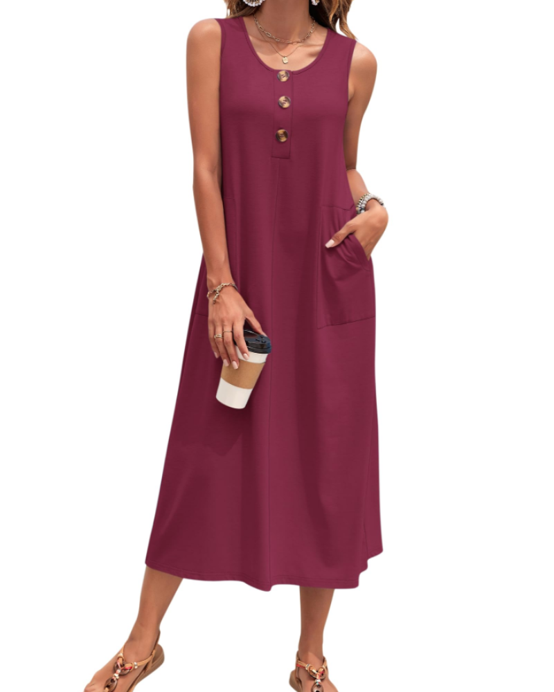 Julia Vestito Donna – Vestito Maxi A-Line Senza Maniche Con Bottoni E Tasche Estate Casual