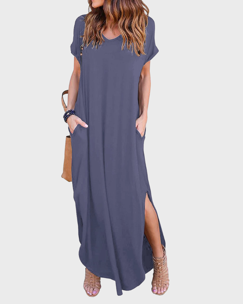 Rosenda Abito Maxi Donna – Scollo a V Maniche Corte, Taglio Fluido e Spacco con Tasche Estate
