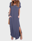 Rosenda Abito Maxi Donna – Scollo a V Maniche Corte, Taglio Fluido e Spacco con Tasche Estate
