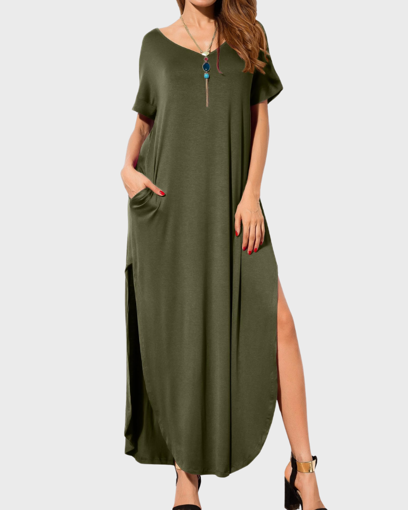 Rosenda Abito Maxi Donna – Scollo a V Maniche Corte, Taglio Fluido e Spacco con Tasche Estate