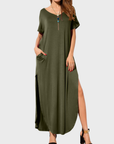 Rosenda Abito Maxi Donna – Scollo a V Maniche Corte, Taglio Fluido e Spacco con Tasche Estate