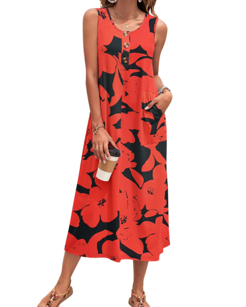 Julia Vestito Donna – Vestito Maxi A-Line Senza Maniche Con Bottoni E Tasche Estate Casual