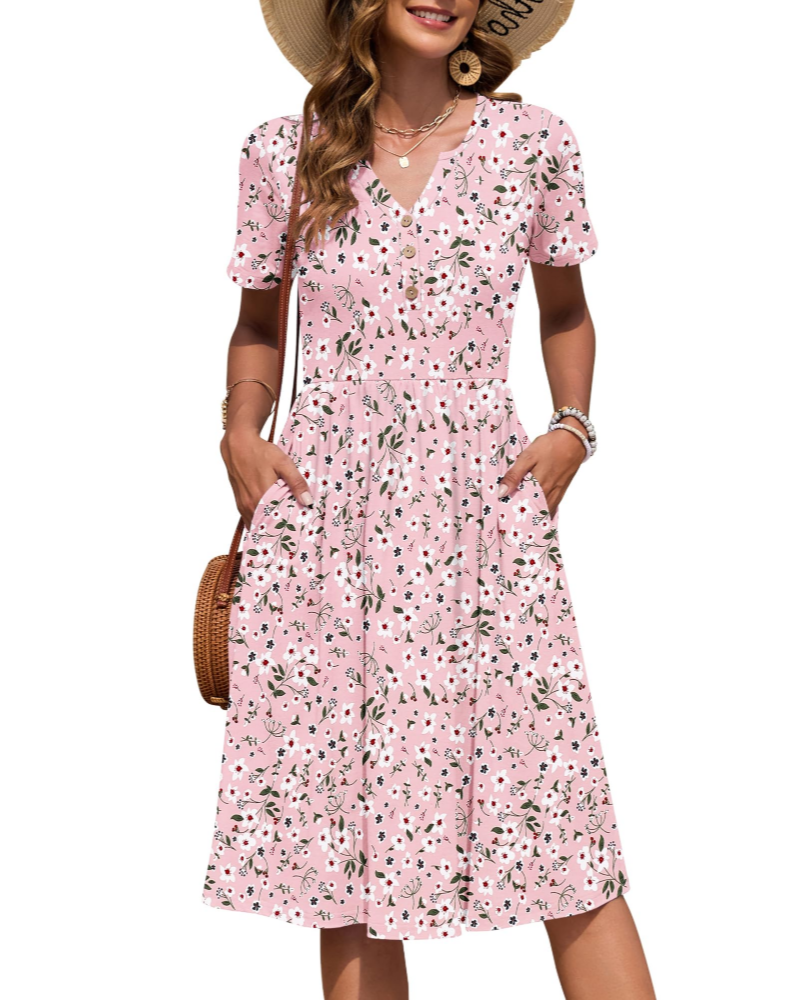 Vestito Donna Ester – Abito Estivo Midi con Scollo a V, Maniche Corte, Bottoni, Vita Impero, Tasche