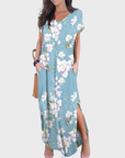 Rosenda Abito Maxi Donna – Scollo a V Maniche Corte, Taglio Fluido e Spacco con Tasche Estate