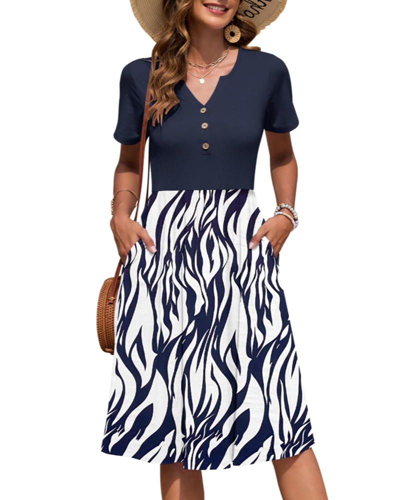 Vestito Donna Ester – Abito Estivo Midi con Scollo a V, Maniche Corte, Bottoni, Vita Impero, Tasche