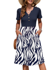 Vestito Donna Ester – Abito Estivo Midi con Scollo a V, Maniche Corte, Bottoni, Vita Impero, Tasche