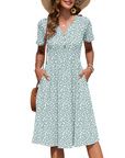 Vestito Donna Ester – Abito Estivo Midi con Scollo a V, Maniche Corte, Bottoni, Vita Impero, Tasche