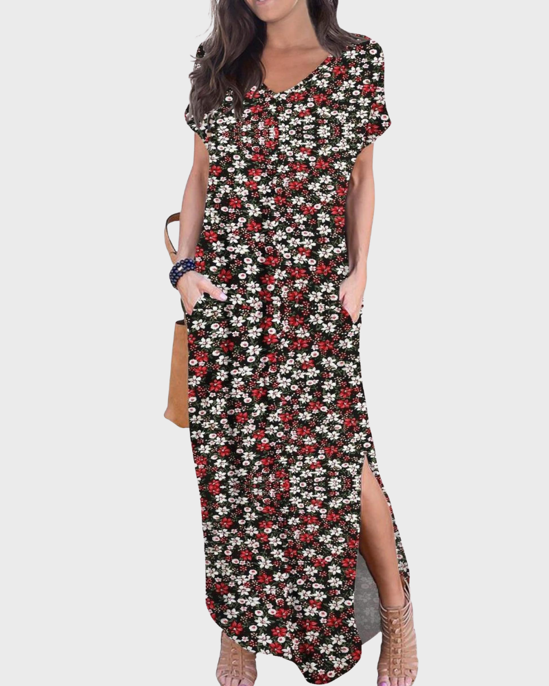 Rosenda Abito Maxi Donna – Scollo a V Maniche Corte, Taglio Fluido e Spacco con Tasche Estate