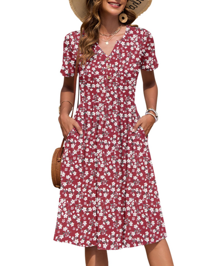 Vestito Donna Ester – Abito Estivo Midi con Scollo a V, Maniche Corte, Bottoni, Vita Impero, Tasche