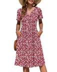 Vestito Donna Ester – Abito Estivo Midi con Scollo a V, Maniche Corte, Bottoni, Vita Impero, Tasche