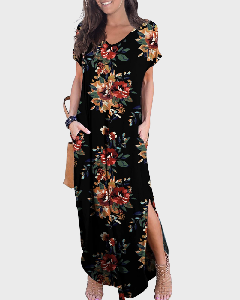 Rosenda Abito Maxi Donna – Scollo a V Maniche Corte, Taglio Fluido e Spacco con Tasche Estate