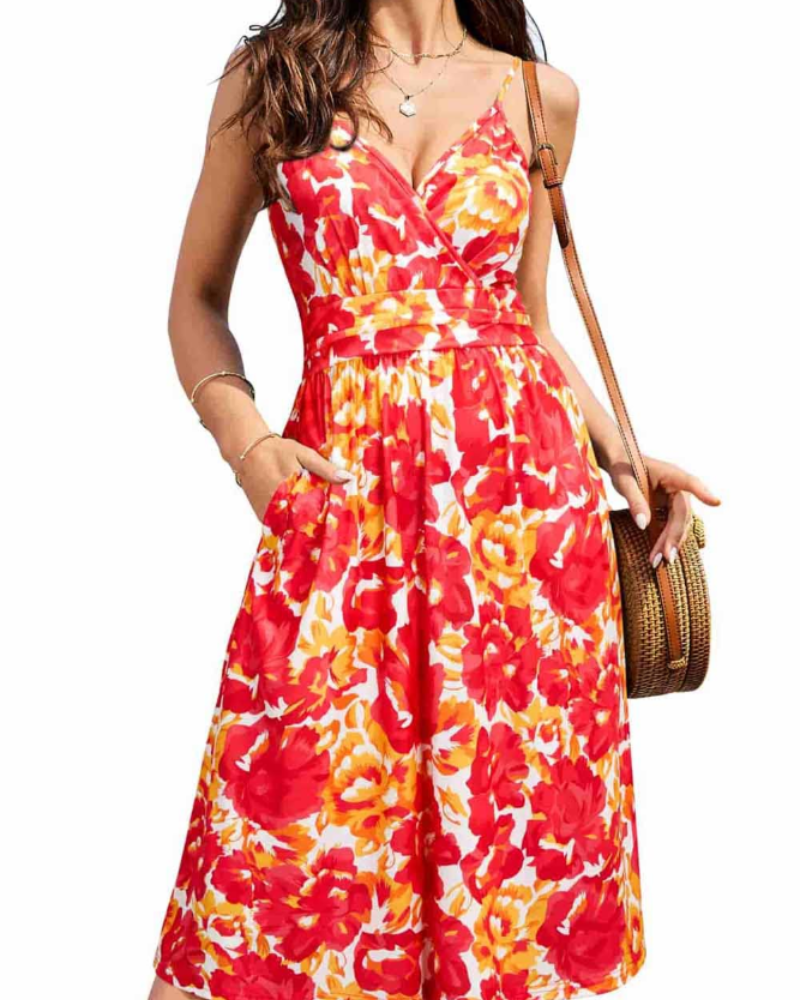 Vestito Midi Verna Donna – Vestito Floreale Scollo a V Spalline Sottili &amp; Taglio A-Line Tasche