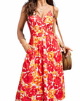 Vestito Midi Verna Donna – Vestito Floreale Scollo a V Spalline Sottili & Taglio A-Line Tasche