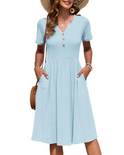 Vestito Donna Ester – Abito Estivo Midi con Scollo a V, Maniche Corte, Bottoni, Vita Impero, Tasche