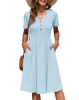 Vestito Donna Ester – Abito Estivo Midi con Scollo a V, Maniche Corte, Bottoni, Vita Impero, Tasche