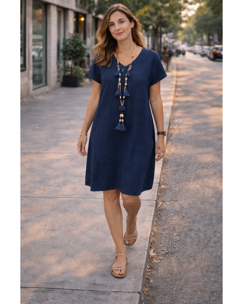 Salome Abito Donna – Scollo a V Cotone Lino, Maniche Corte & Taglio A-Line Midi con Tasche Estate