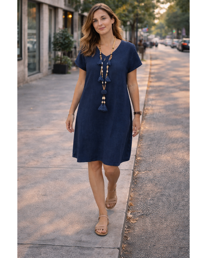 Salome Abito Donna – Scollo a V Cotone Lino, Maniche Corte & Taglio A-Line Midi con Tasche Estate