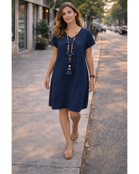 Salome Abito Donna – Scollo a V Cotone Lino, Maniche Corte & Taglio A-Line Midi con Tasche Estate