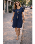 Salome Abito Donna – Scollo a V Cotone Lino, Maniche Corte & Taglio A-Line Midi con Tasche Estate
