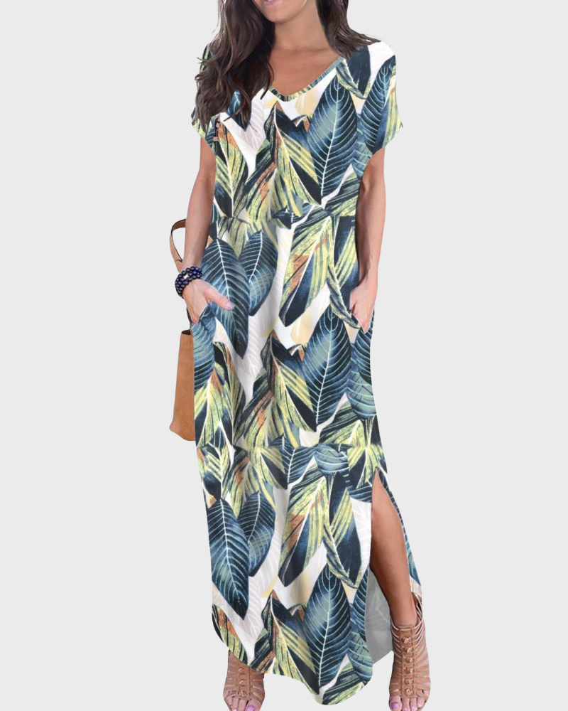 Rosenda Abito Maxi Donna – Scollo a V Maniche Corte, Taglio Fluido e Spacco con Tasche Estate