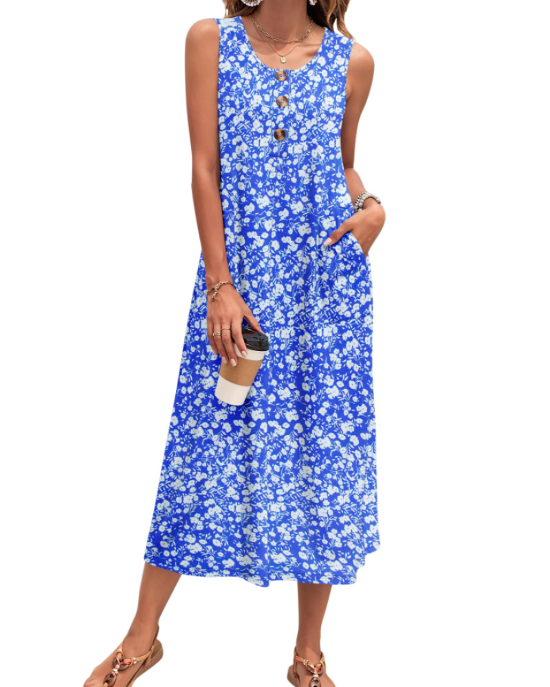 Julia Vestito Donna – Vestito Maxi A-Line Senza Maniche Con Bottoni E Tasche Estate Casual