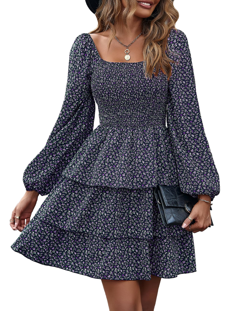 Léa Abito Donna – Abito Bohemien Mini con Scollo Quadrato, Arricciato, Vita Alta, Maniche Lunghe e Volant