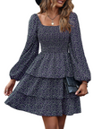 Léa Abito Donna – Abito Bohemien Mini con Scollo Quadrato, Arricciato, Vita Alta, Maniche Lunghe e Volant