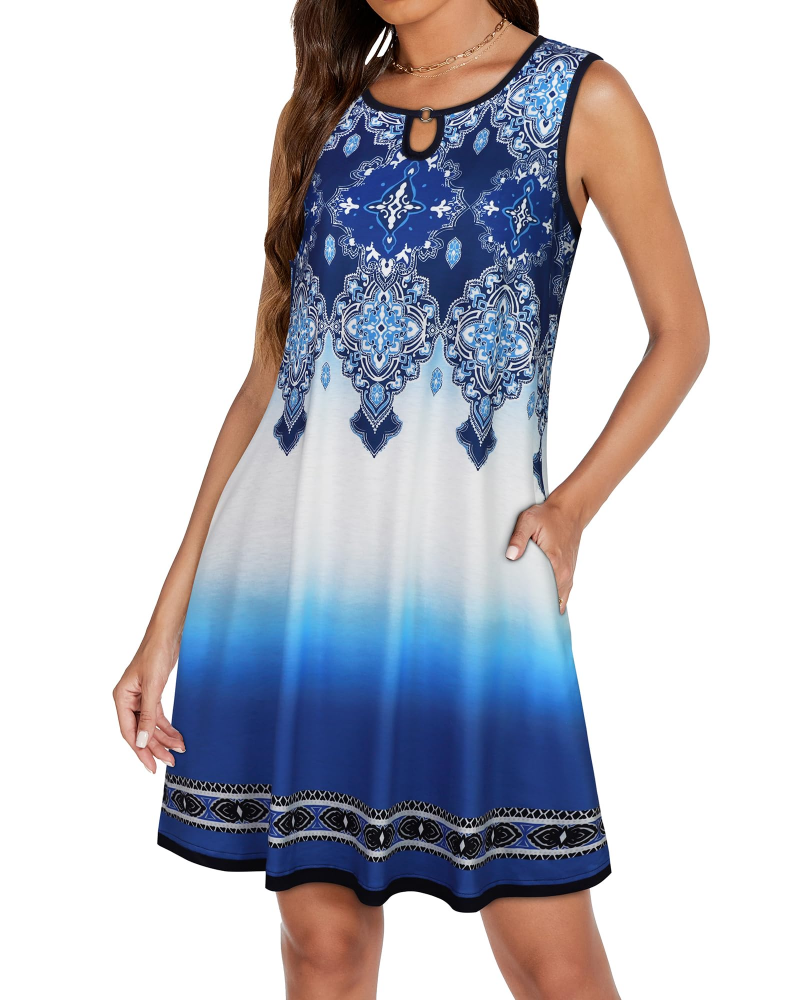Mia Vestito Donna – Vestito Mini Collo a Fessura Senza Maniche Fluido con Tasche Estate Casual