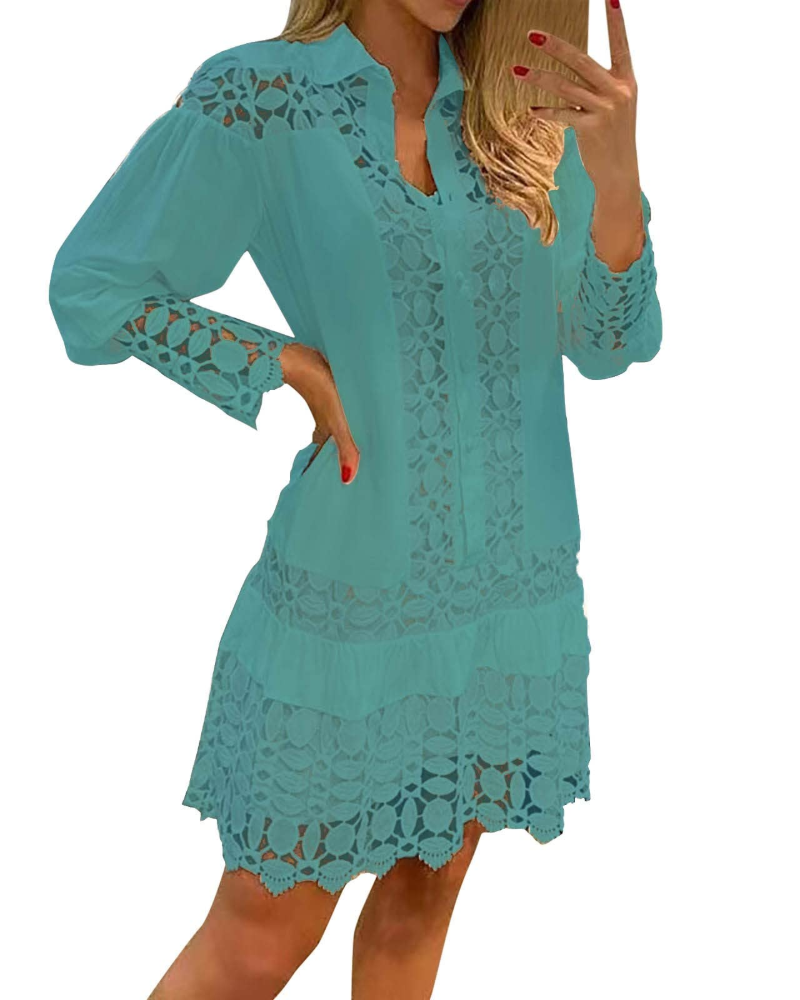 Laura Abito Lungo Donna – Abito Maxi Scollo a V Volant Pizzo Jacquard Tasche &amp; Shorts Integrati