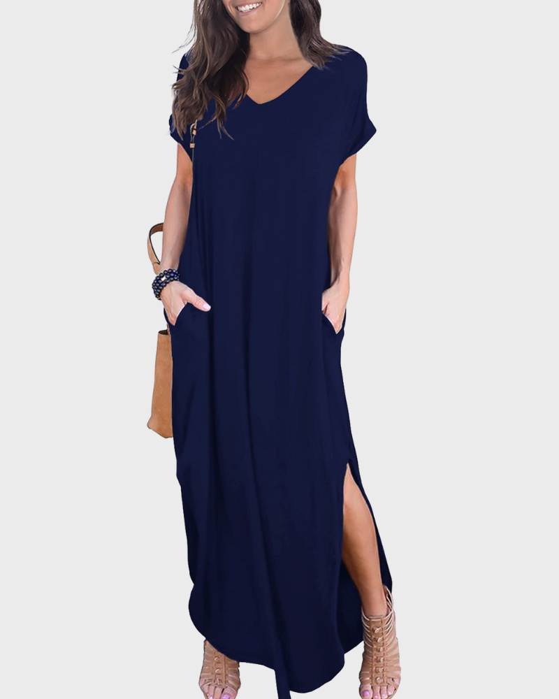 Rosenda Abito Maxi Donna – Scollo a V Maniche Corte, Taglio Fluido e Spacco con Tasche Estate