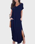 Rosenda Abito Maxi Donna – Scollo a V Maniche Corte, Taglio Fluido e Spacco con Tasche Estate