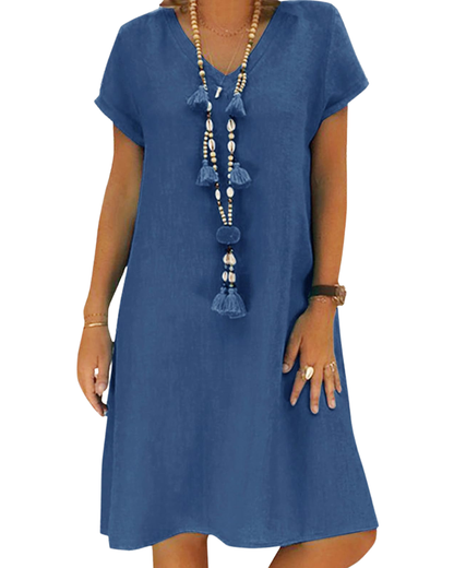 Salome Abito Donna – Scollo a V Cotone Lino, Maniche Corte & Taglio A-Line Midi con Tasche Estate