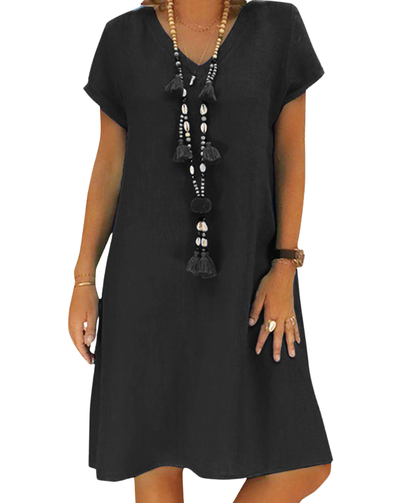 Salome Abito Donna – Scollo a V Cotone Lino, Maniche Corte & Taglio A-Line Midi con Tasche Estate