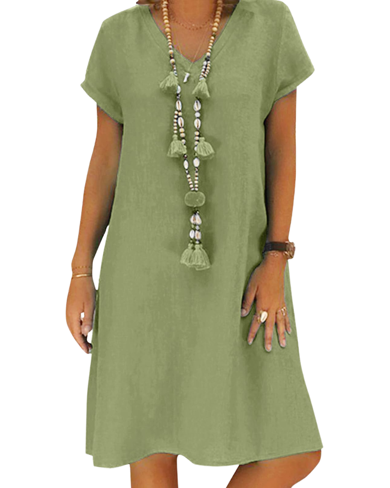 Salome Abito Donna – Scollo a V Cotone Lino, Maniche Corte & Taglio A-Line Midi con Tasche Estate