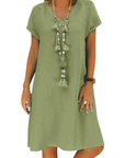 Salome Abito Donna – Scollo a V Cotone Lino, Maniche Corte & Taglio A-Line Midi con Tasche Estate