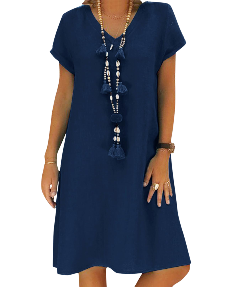 Salome Abito Donna – Scollo a V Cotone Lino, Maniche Corte & Taglio A-Line Midi con Tasche Estate