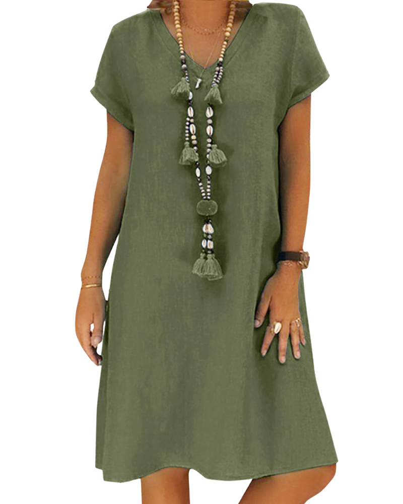 Salome Abito Donna – Scollo a V Cotone Lino, Maniche Corte & Taglio A-Line Midi con Tasche Estate