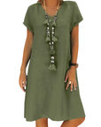 Salome Abito Donna – Scollo a V Cotone Lino, Maniche Corte & Taglio A-Line Midi con Tasche Estate