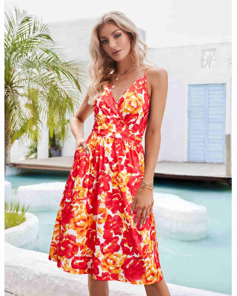 Vestito Midi Verna Donna – Vestito Floreale Scollo a V Spalline Sottili &amp; Taglio A-Line Tasche