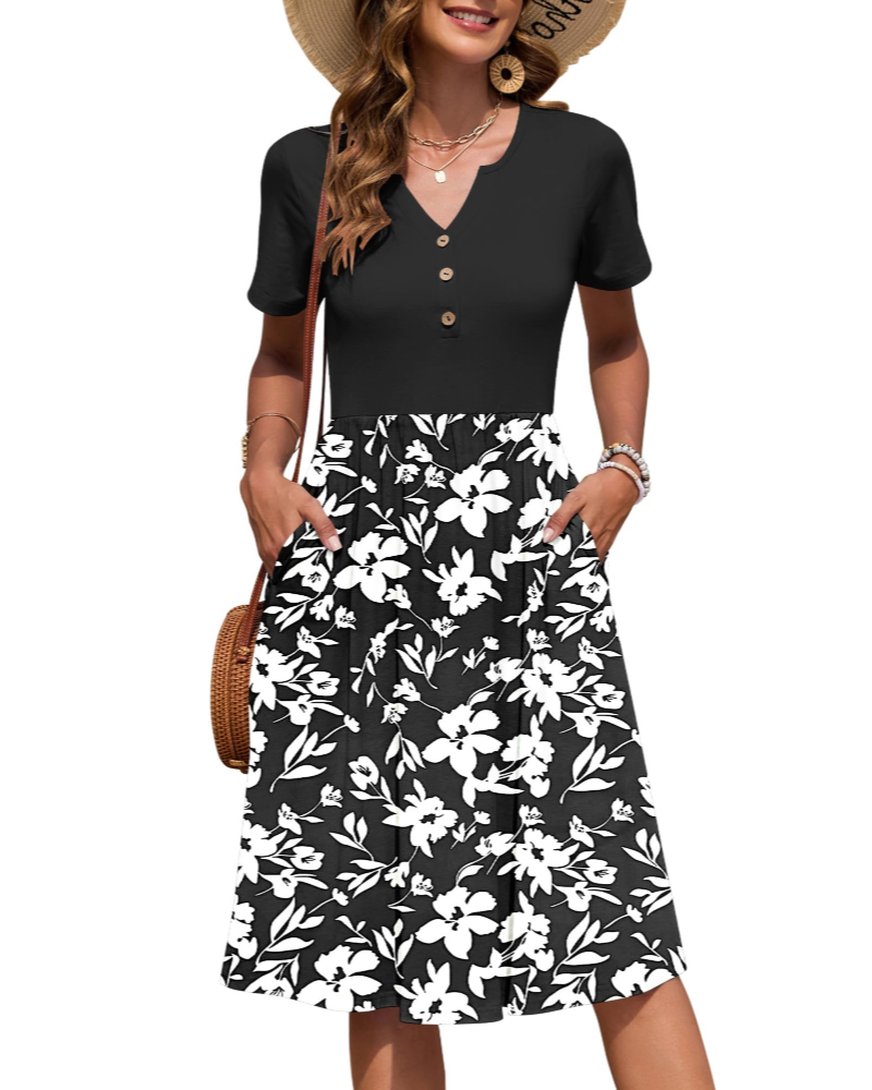Vestito Donna Ester – Abito Estivo Midi con Scollo a V, Maniche Corte, Bottoni, Vita Impero, Tasche