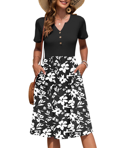 Vestito Donna Ester – Abito Estivo Midi con Scollo a V, Maniche Corte, Bottoni, Vita Impero, Tasche